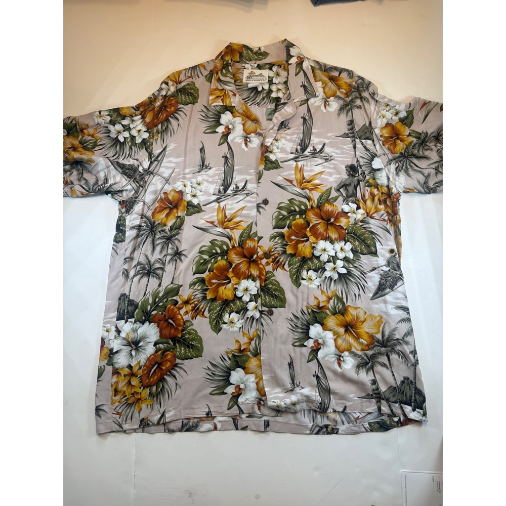 Winnie Fashion Inc Hawaiian Shirt Mens XL Rayon Tropical Hibiscus Sailboat Tan